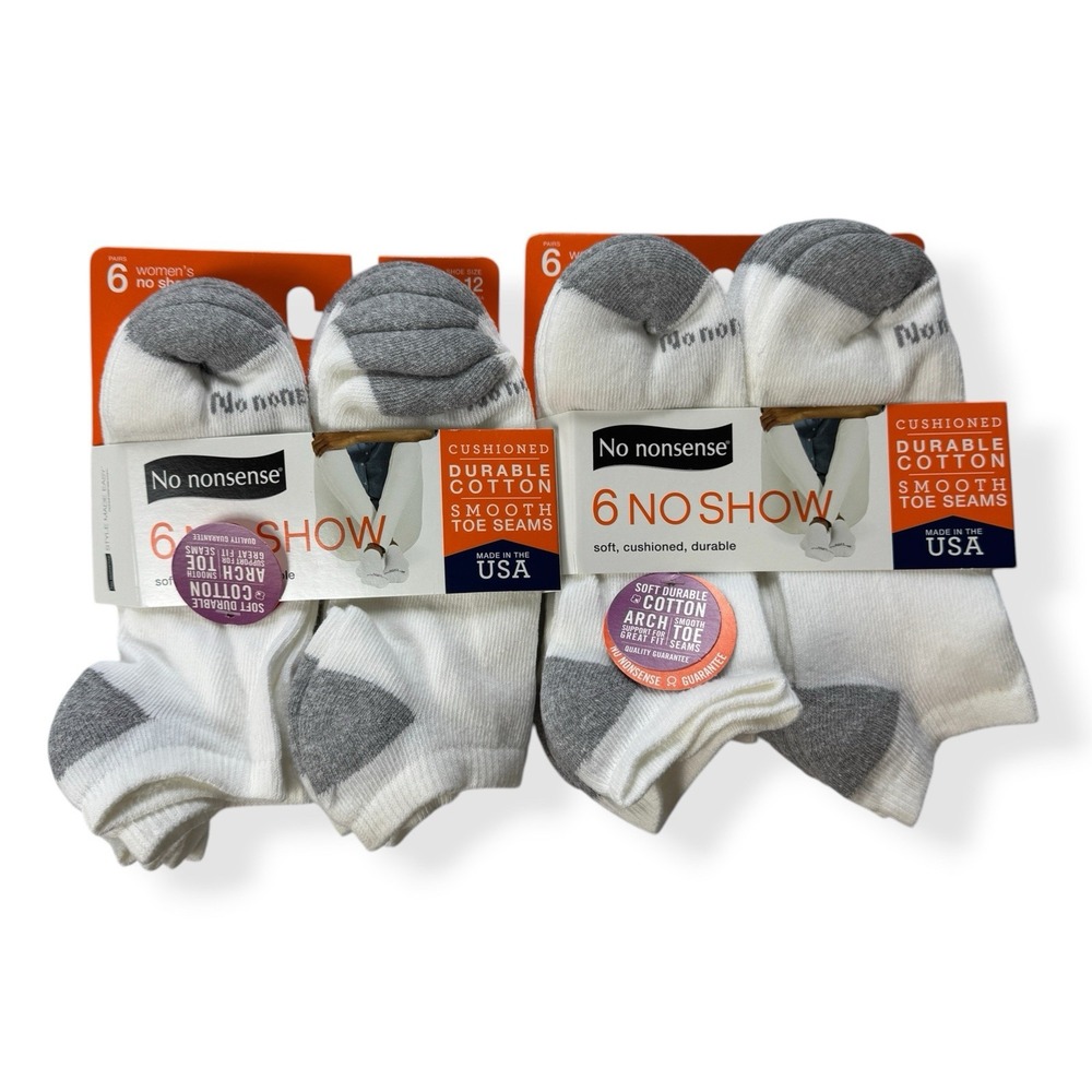 No Nonsense Women No Show Socks 12 Pairs White Grey Shoe Size 9-12 Made in USA